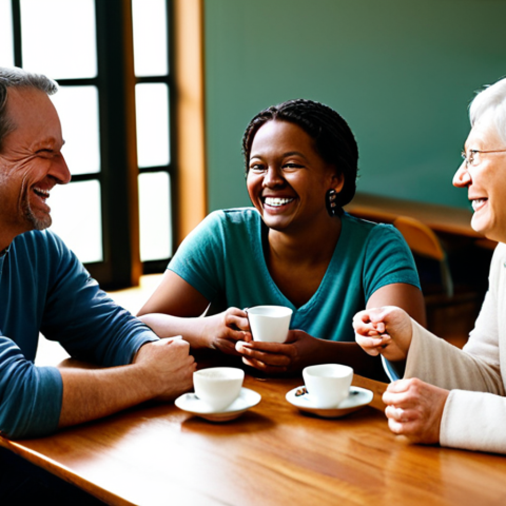 A diverse group of adults, fully clothed in modest, comfortable attire, gathered in a warm, inviting community hall with soft, natural light. They are engaged in gentle conversation and shared laughter, some holding cups of tea, creating a sense of close-knit fellowship and mutual support. The atmosphere is filled with human warmth and genuine connection. Professional photography, perfect anatomy, correct proportions, natural pose, well-formed hands, proper finger count, natural body proportions, safe for work, appropriate content, family-friendly, high quality, realistic.