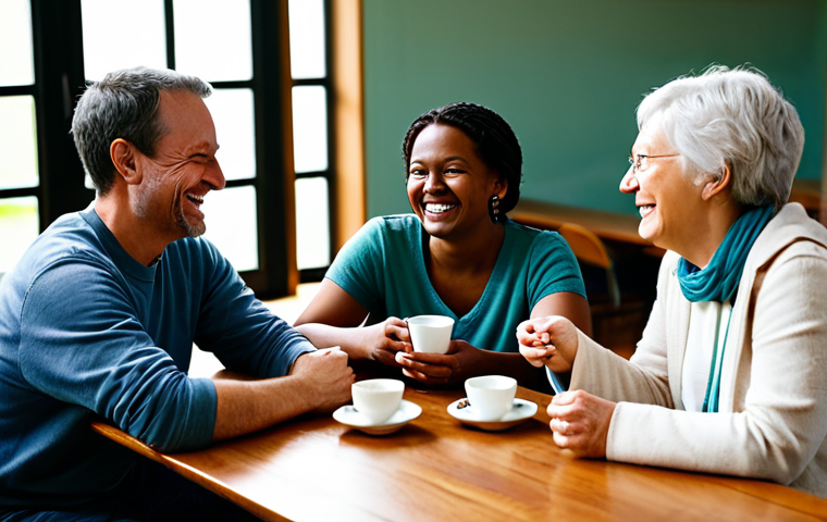 A diverse group of adults, fully clothed in modest, comfortable attire, gathered in a warm, inviting community hall with soft, natural light. They are engaged in gentle conversation and shared laughter, some holding cups of tea, creating a sense of close-knit fellowship and mutual support. The atmosphere is filled with human warmth and genuine connection. Professional photography, perfect anatomy, correct proportions, natural pose, well-formed hands, proper finger count, natural body proportions, safe for work, appropriate content, family-friendly, high quality, realistic.