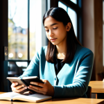 A peaceful young woman of diverse ethnicity, fully clothed in modest professional attire, such as a comfortable cardigan over a collared shirt. She is sitting in a modern, sunlit cafe with a warm, inviting atmosphere, holding an e-reader displaying a generic cover of a Christian book. A half-empty coffee cup is on the table beside her. The background shows blurred patrons and soft natural light, suggesting a moment of quiet reflection. safe for work, appropriate content, professional, perfect anatomy, correct proportions, natural pose, well-formed hands, proper finger count, natural body proportions, high-quality photography, serene mood.