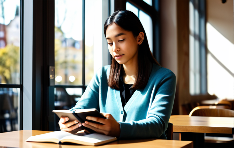 A peaceful young woman of diverse ethnicity, fully clothed in modest professional attire, such as a comfortable cardigan over a collared shirt. She is sitting in a modern, sunlit cafe with a warm, inviting atmosphere, holding an e-reader displaying a generic cover of a Christian book. A half-empty coffee cup is on the table beside her. The background shows blurred patrons and soft natural light, suggesting a moment of quiet reflection. safe for work, appropriate content, professional, perfect anatomy, correct proportions, natural pose, well-formed hands, proper finger count, natural body proportions, high-quality photography, serene mood.