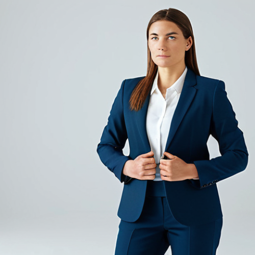 A professional individual in a modest business suit, standing calmly in a brightly lit, modern, minimalistic studio. They are looking forward with a thoughtful, determined expression, symbolizing an internal journey of purpose, growth, and the power of a positive perspective. The setting is serene and clean, representing clarity and inner peace. This image is safe for work, appropriate content, fully clothed, professional, with perfect anatomy, correct proportions, well-formed hands, natural body proportions, natural pose, and high-quality studio photography.