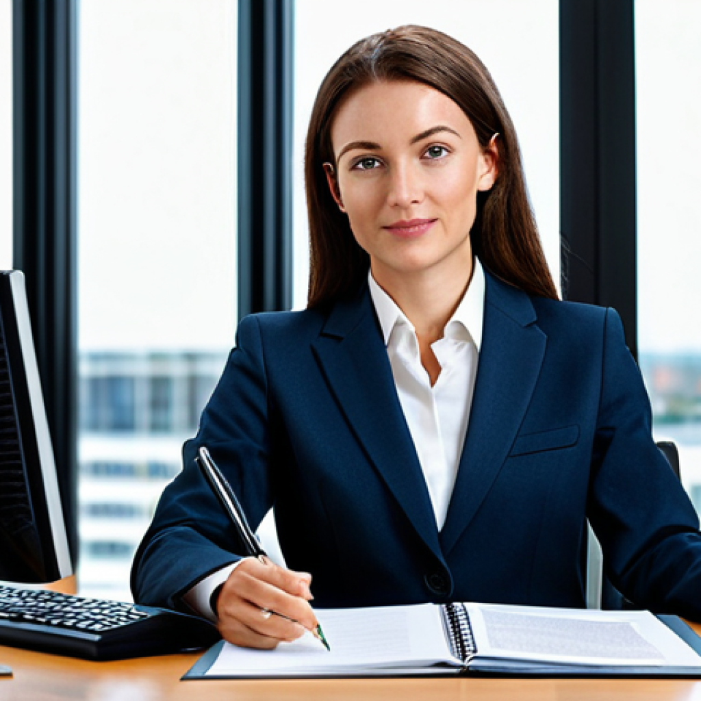 A professional businesswoman in a modest business suit, sitting at a desk in a modern office, fully clothed, appropriate attire, safe for work, perfect anatomy, natural proportions, professional photography, high quality.