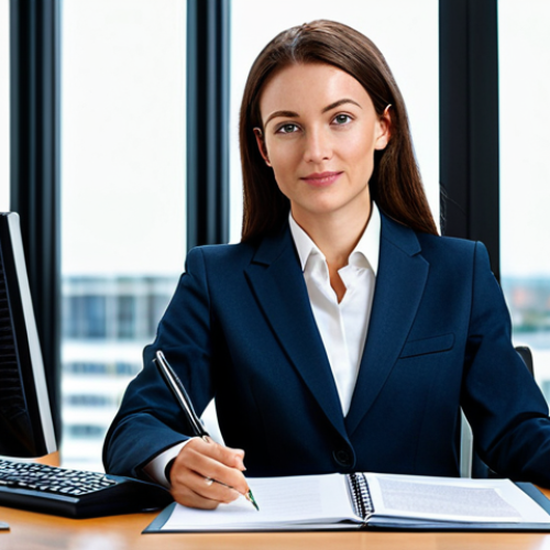 A professional businesswoman in a modest business suit, sitting at a desk in a modern office, fully clothed, appropriate attire, safe for work, perfect anatomy, natural proportions, professional photography, high quality.