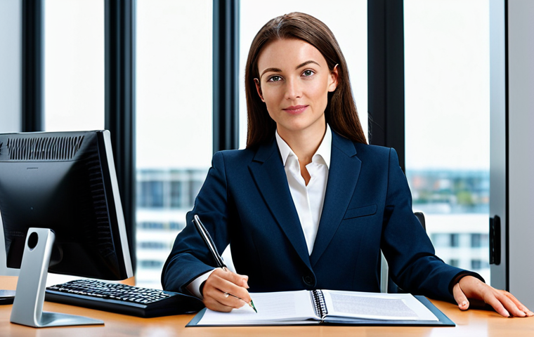 A professional businesswoman in a modest business suit, sitting at a desk in a modern office, fully clothed, appropriate attire, safe for work, perfect anatomy, natural proportions, professional photography, high quality.