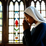 ** A serene portrait of a compassionate Christian woman in modest clothing, praying peacefully in a sunlit church. The setting is a quiet corner with stained glass windows, enhancing the spiritual atmosphere. "Safe for work," "appropriate content," "fully clothed," "modest," "family-friendly," "perfect anatomy," "natural proportions."

**