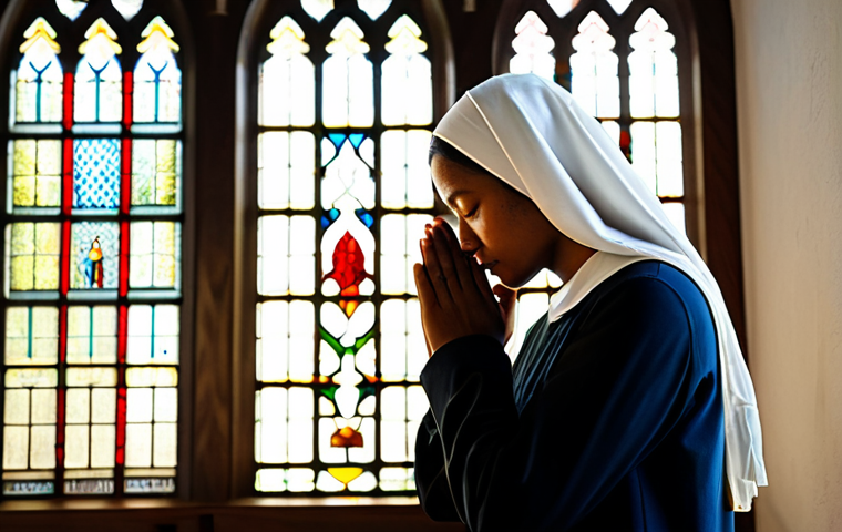 ** A serene portrait of a compassionate Christian woman in modest clothing, praying peacefully in a sunlit church. The setting is a quiet corner with stained glass windows, enhancing the spiritual atmosphere. "Safe for work," "appropriate content," "fully clothed," "modest," "family-friendly," "perfect anatomy," "natural proportions."
**