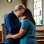 **Image Prompt:** A serene church interior, soft light illuminating a counselor providing spiritual guidance to a woman struggling with mental health issues. She's fully clothed and appears thoughtful, reflecting on her faith. Include elements symbolizing healing and hope. Safe for work, appropriate content, professional, modest, family-friendly, perfect anatomy, natural proportions.