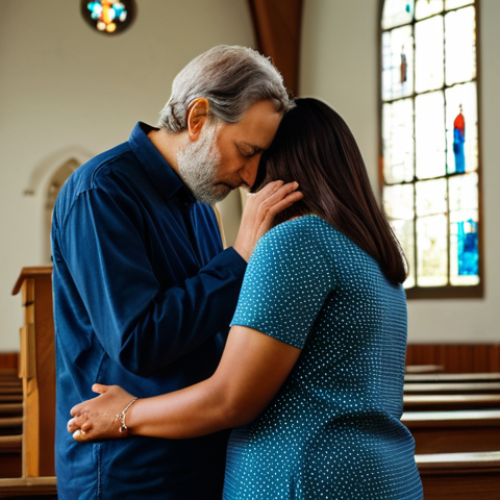 **Image Prompt:** A serene church interior, soft light illuminating a counselor providing spiritual guidance to a woman struggling with mental health issues. She's fully clothed and appears thoughtful, reflecting on her faith. Include elements symbolizing healing and hope. Safe for work, appropriate content, professional, modest, family-friendly, perfect anatomy, natural proportions.