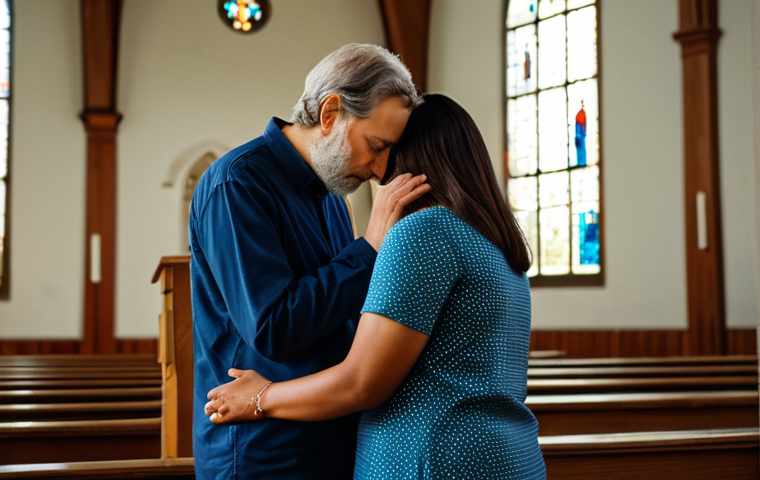 **Image Prompt:** A serene church interior, soft light illuminating a counselor providing spiritual guidance to a woman struggling with mental health issues. She's fully clothed and appears thoughtful, reflecting on her faith. Include elements symbolizing healing and hope. Safe for work, appropriate content, professional, modest, family-friendly, perfect anatomy, natural proportions.