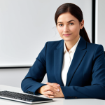 기독교와 협상술 - A professional woman in a modest business suit, sitting at a desk in a modern office, fully clothed,...