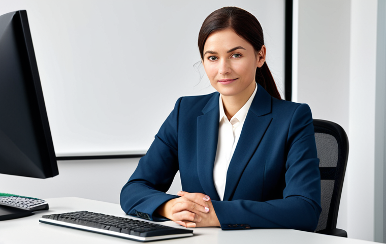 기독교와 협상술 - A professional woman in a modest business suit, sitting at a desk in a modern office, fully clothed,...