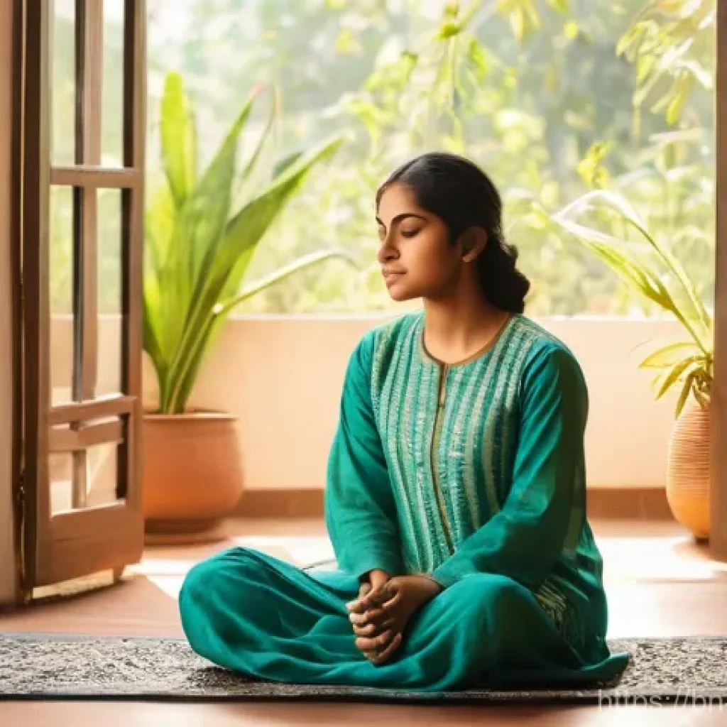 기독교와 자기 성장 - **Prompt:** A young Bengali woman in her mid-20s, with a gentle and serene expression, is sitting pe...