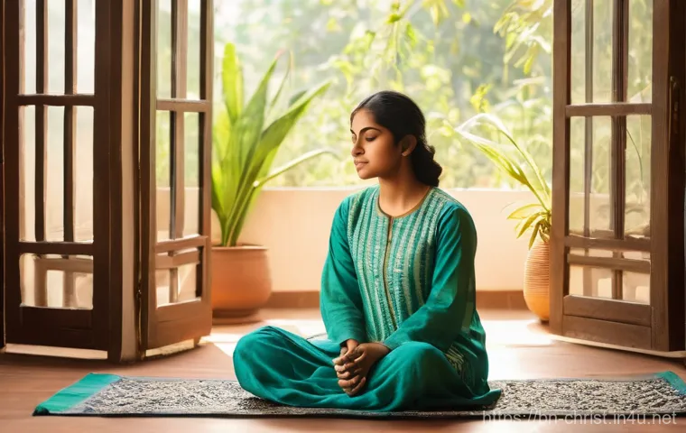 기독교와 자기 성장 - **Prompt:** A young Bengali woman in her mid-20s, with a gentle and serene expression, is sitting pe...