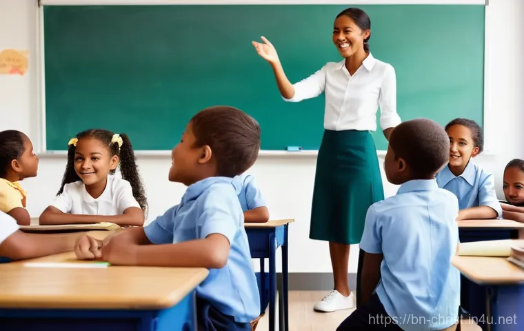 기독교와 교육 - **"A vibrant, sunlit modern classroom in a Christian school, where a diverse group of elementary-age...