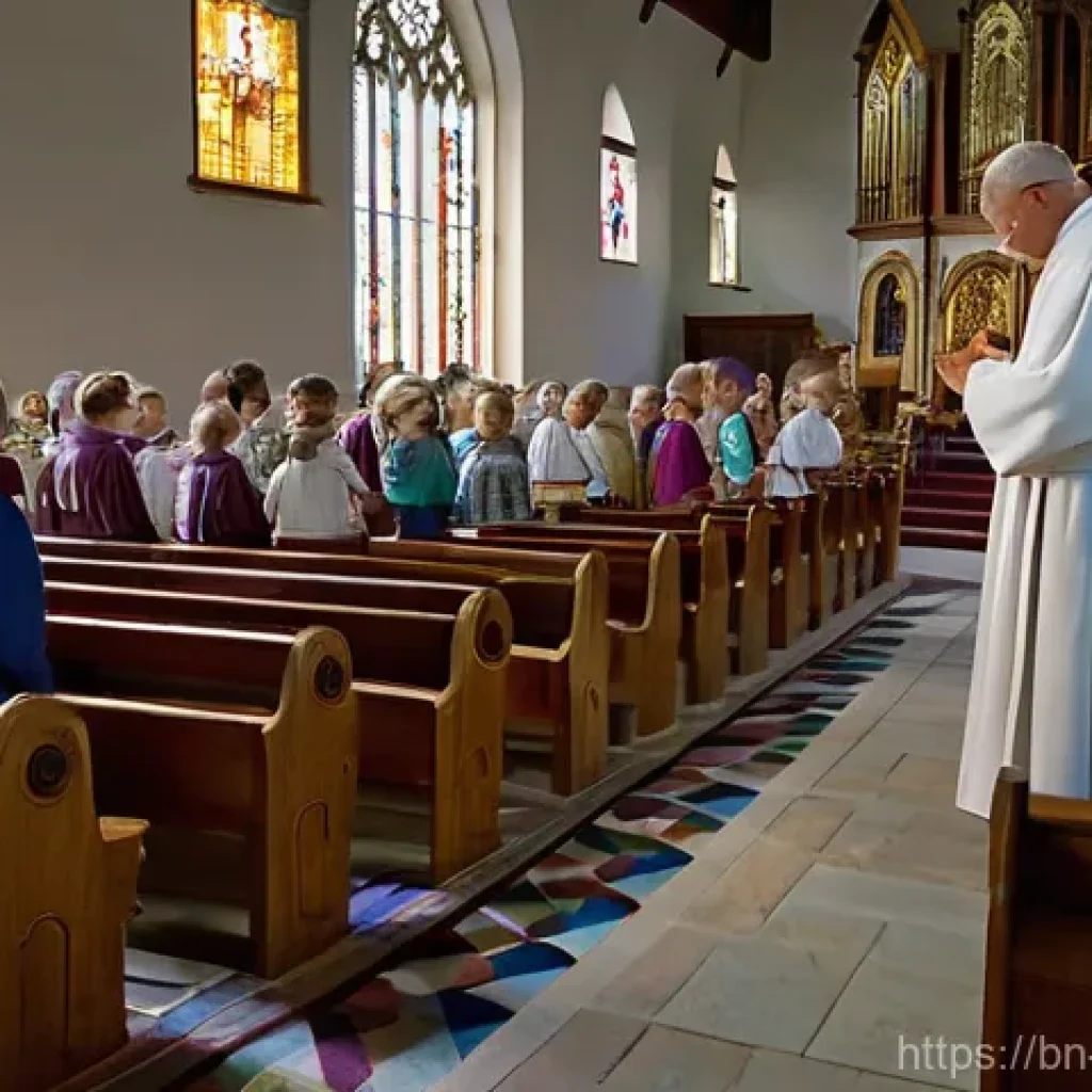 기독교와 힌두교 비교 - **Christian Church Service Scene**
    A tranquil and reverent scene inside a grand, traditional Eur...