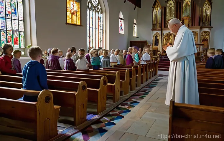 기독교와 힌두교 비교 - **Christian Church Service Scene**
    A tranquil and reverent scene inside a grand, traditional Eur...