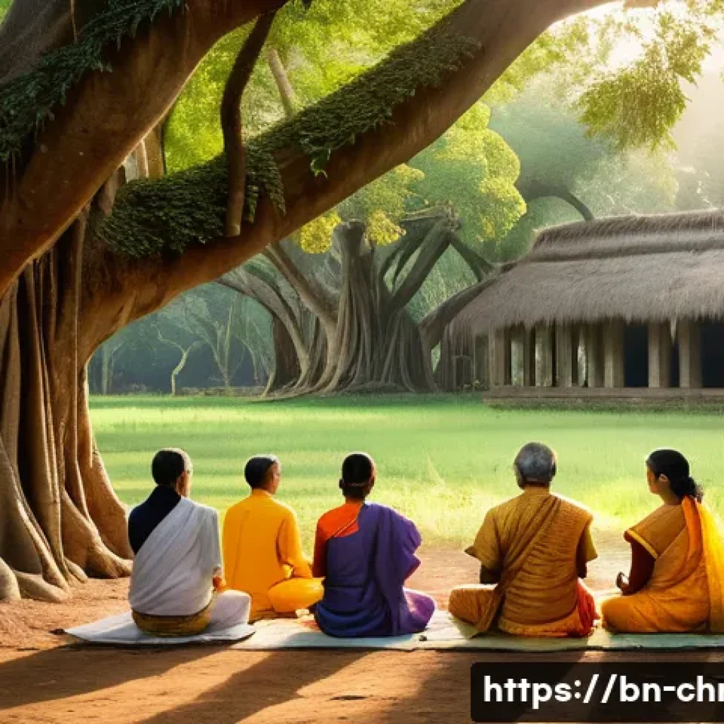 기독교의 성령 집회 - A serene spiritual gathering of Bengali people in traditional attire, sitting peacefully in a lush g...
