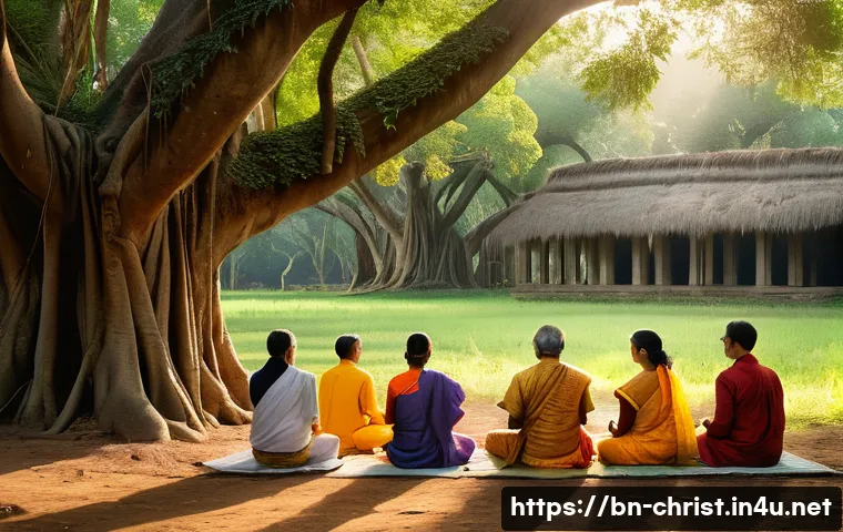 기독교의 성령 집회 - A serene spiritual gathering of Bengali people in traditional attire, sitting peacefully in a lush g...