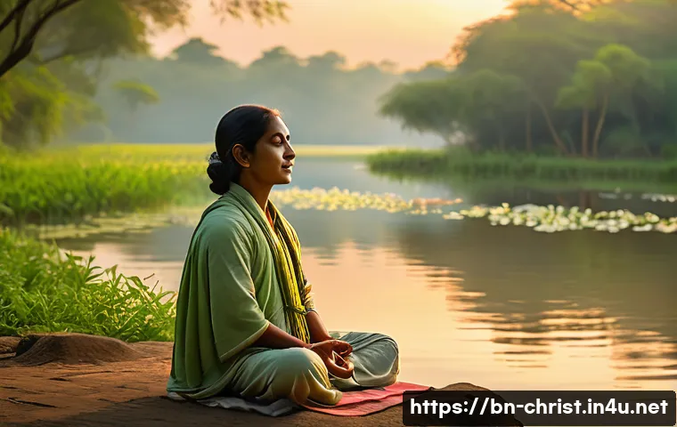 기독교와 기쁨의 영성 - A serene scene depicting a Bengali spiritual person meditating peacefully near a riverbank at dawn, ...