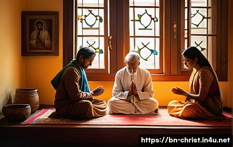 기독교의 주요 교리 - A serene scene of a Bengali Christian family praying together at home, wearing modest traditional cl...