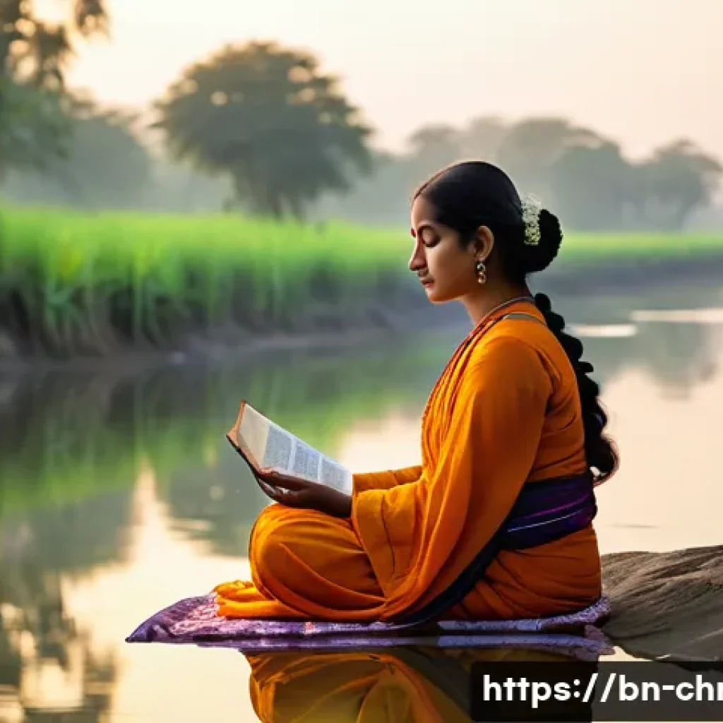 기독교와 하나님 중심 삶 - A serene Bengali woman in modest traditional attire, sitting peacefully by a riverside at dawn, enga...