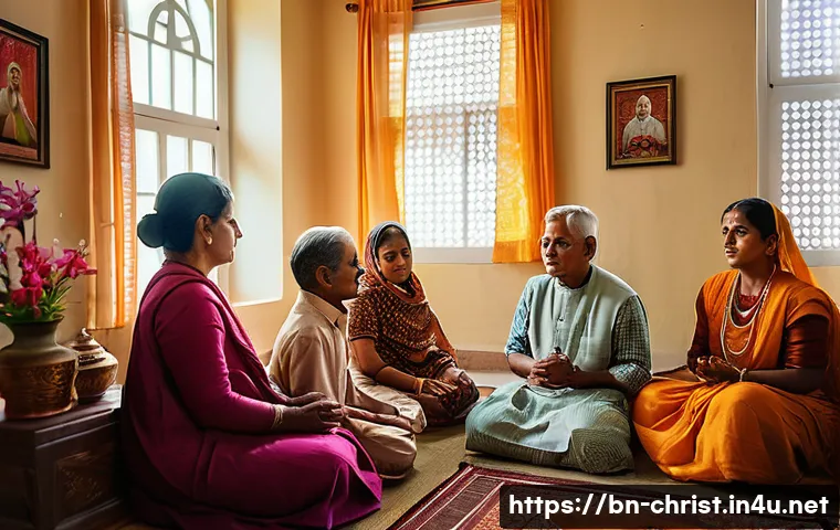 기독교와 노년 사역 - A warm and serene scene of a multigenerational Bengali Christian family gathered in a cozy living ro...