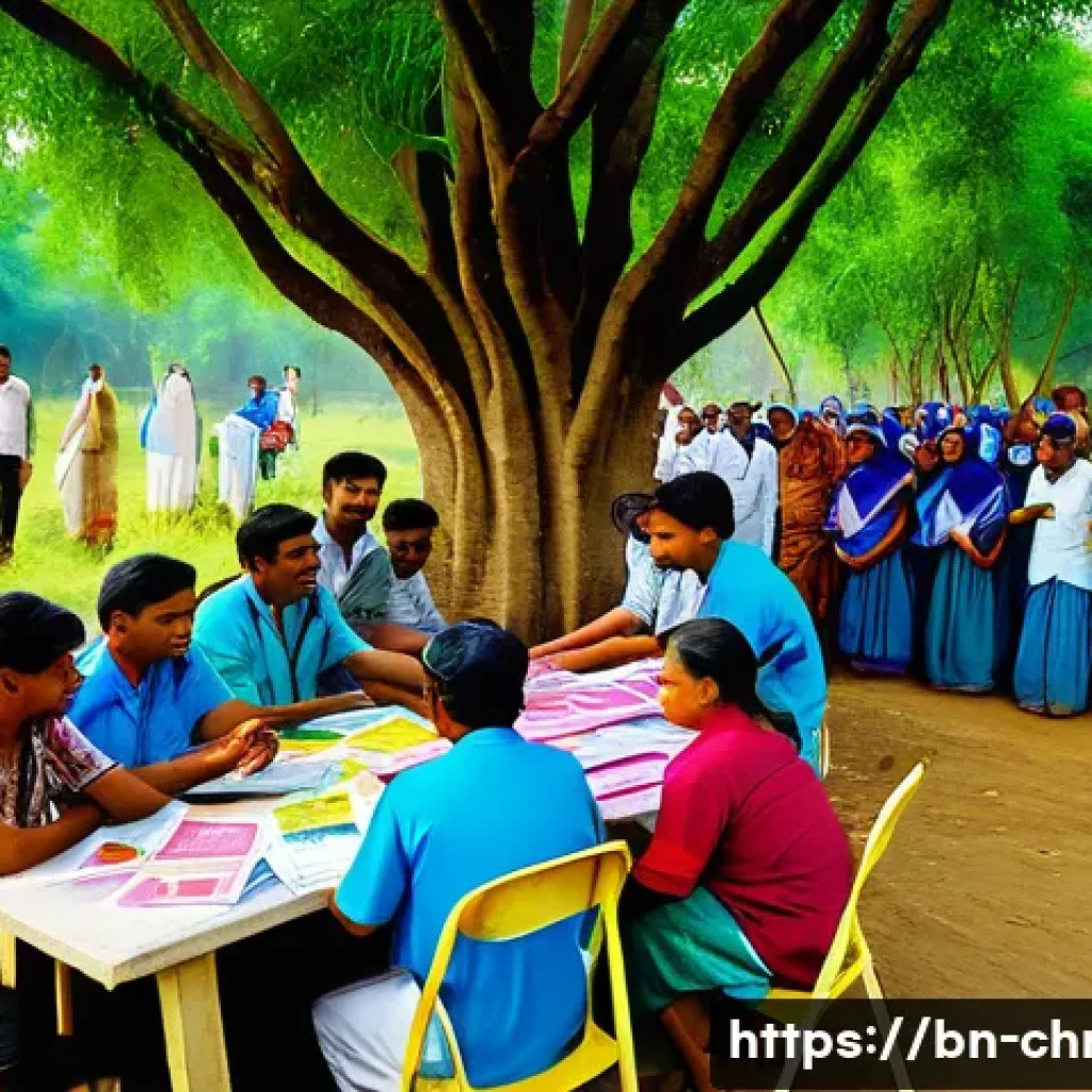 기독교 봉사활동 사례 - A vibrant scene of Bengali Christian volunteers organizing a free medical camp in a rural area of Ba...