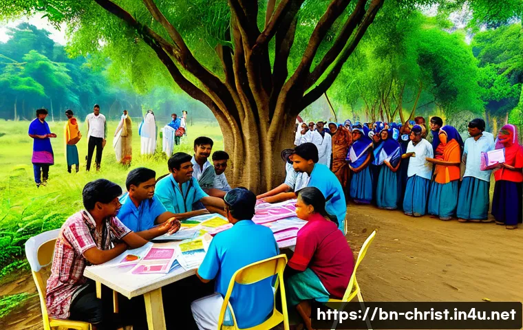기독교 봉사활동 사례 - A vibrant scene of Bengali Christian volunteers organizing a free medical camp in a rural area of Ba...