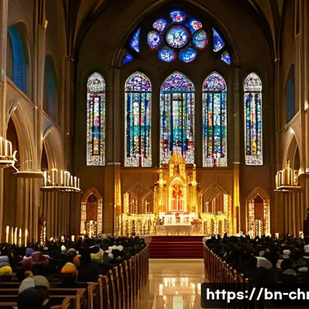 기독교의 3대 교파 - A detailed scene inside a grand Catholic cathedral during a solemn mass, with a diverse congregation...