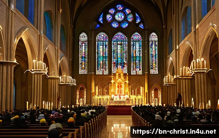 기독교의 3대 교파 - A detailed scene inside a grand Catholic cathedral during a solemn mass, with a diverse congregation...