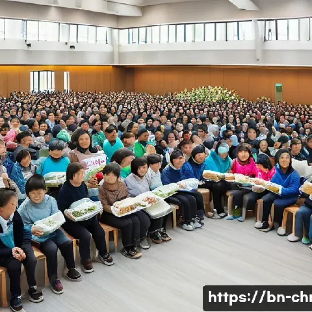 한국의 대형 교회와 성장 - A large modern church in Seoul hosting a vibrant community social welfare event, showing volunteers ...