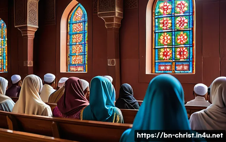 이슬람교와 기독교 - A serene and detailed depiction of a diverse group of Bengali Christian and Muslim worshippers engag...