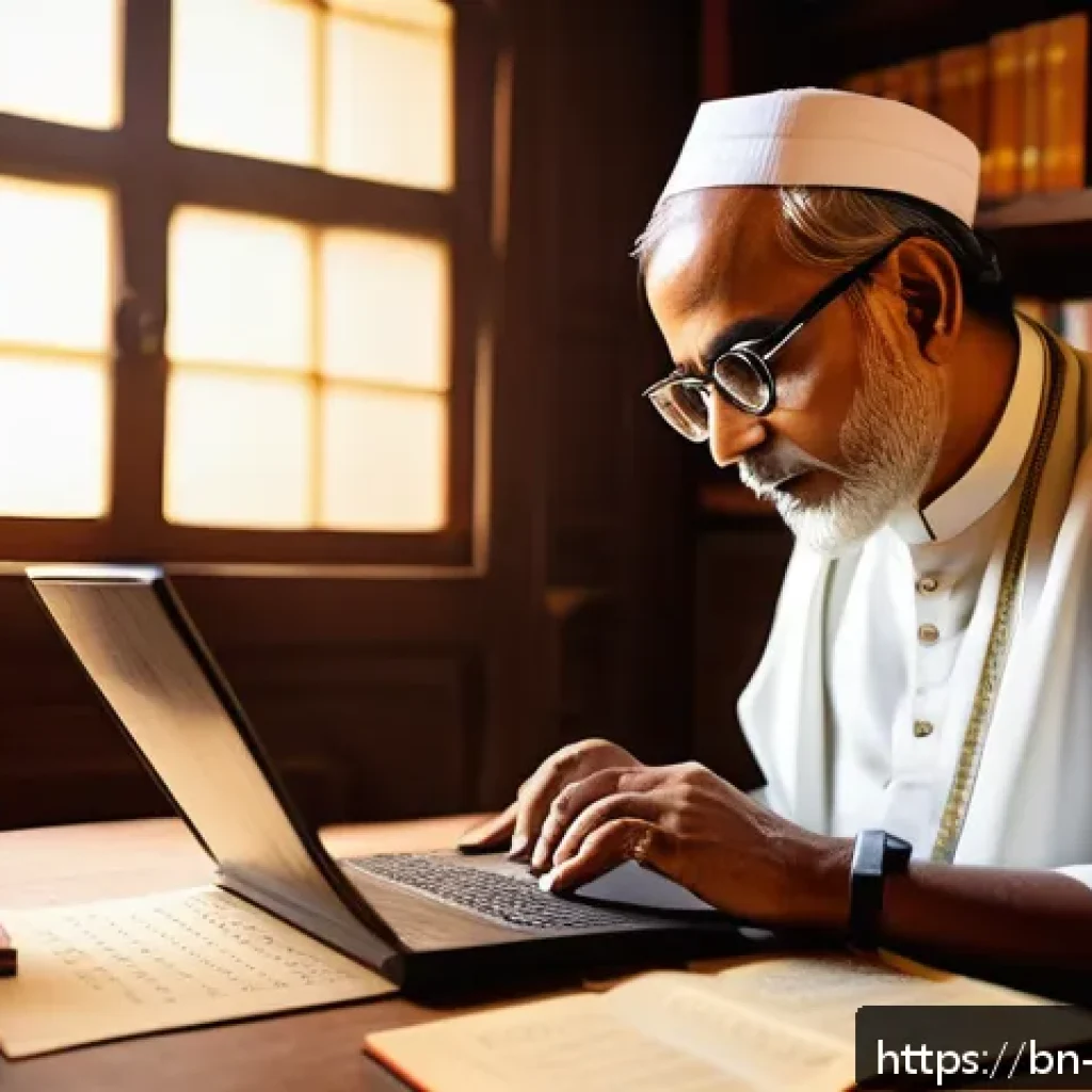 기독교와 번역 사역 - A detailed digital illustration of a Bengali scholar carefully translating a religious text on a lap...