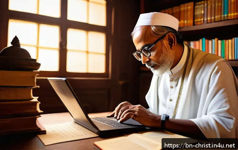 기독교와 번역 사역 - A detailed digital illustration of a Bengali scholar carefully translating a religious text on a lap...