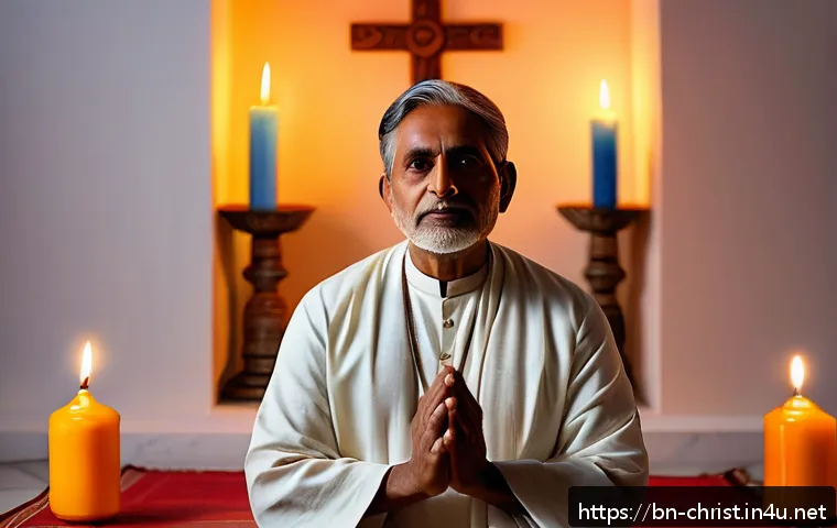 기독교의 치유 사역 - A serene and spiritual healing scene featuring a middle-aged Bengali man sitting peacefully in a tra...