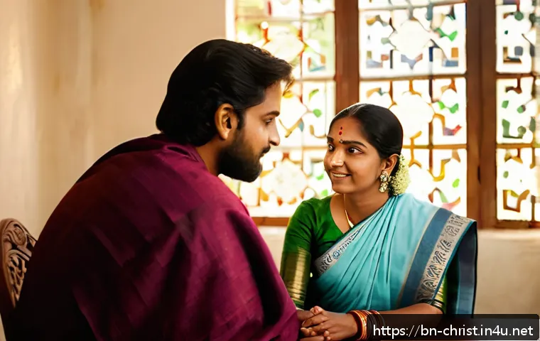 기독교 결혼식의 의미 - A serene and heartfelt scene of a Bengali Christian couple in traditional attire, sitting together i...