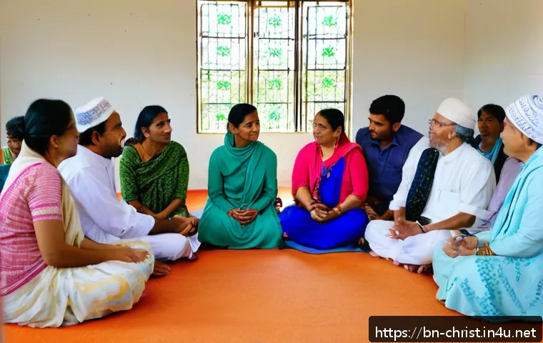 기독교와 갈등 해결 - A vibrant interfaith dialogue scene in a modern community center in Bangladesh, showing diverse peop...
