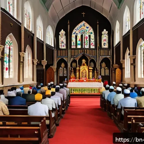기독교와 교회정치 - A grand, historic church interior filled with Bengali worshippers dressed in traditional attire, eng...