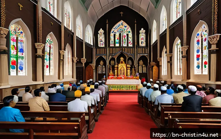 기독교와 교회정치 - A grand, historic church interior filled with Bengali worshippers dressed in traditional attire, eng...