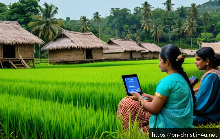 기독교와 기술 선교 - A vibrant digital Christian community gathering scene set in a rural Bengali village, showing divers...
