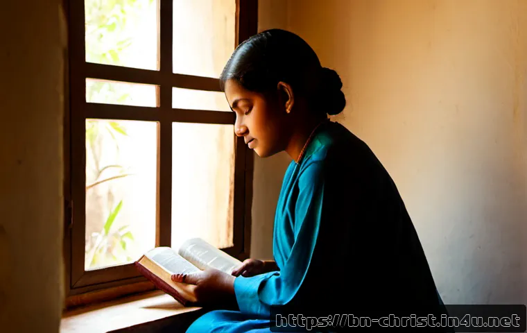 Home 17 기독교와 내적 성찰 - Photorealistic Bengali Christian woman in modest traditional clothing seated beside a sunlit window,...