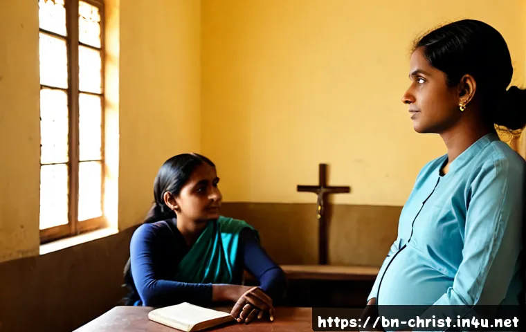 기독교와 낙태 문제 - Photorealistic compassionate counseling scene in a quiet Bangladeshi church community room, a pregna...