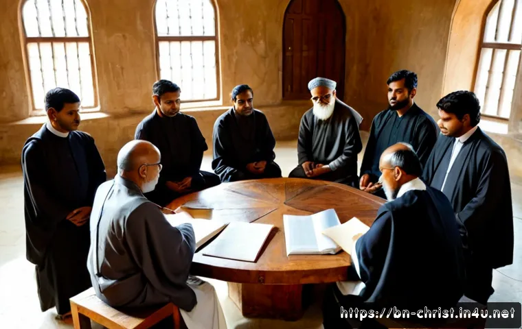 종교회의와 교리 발전 - Photorealistic historic religious council in a serene stone hall, diverse South Asian and internatio...